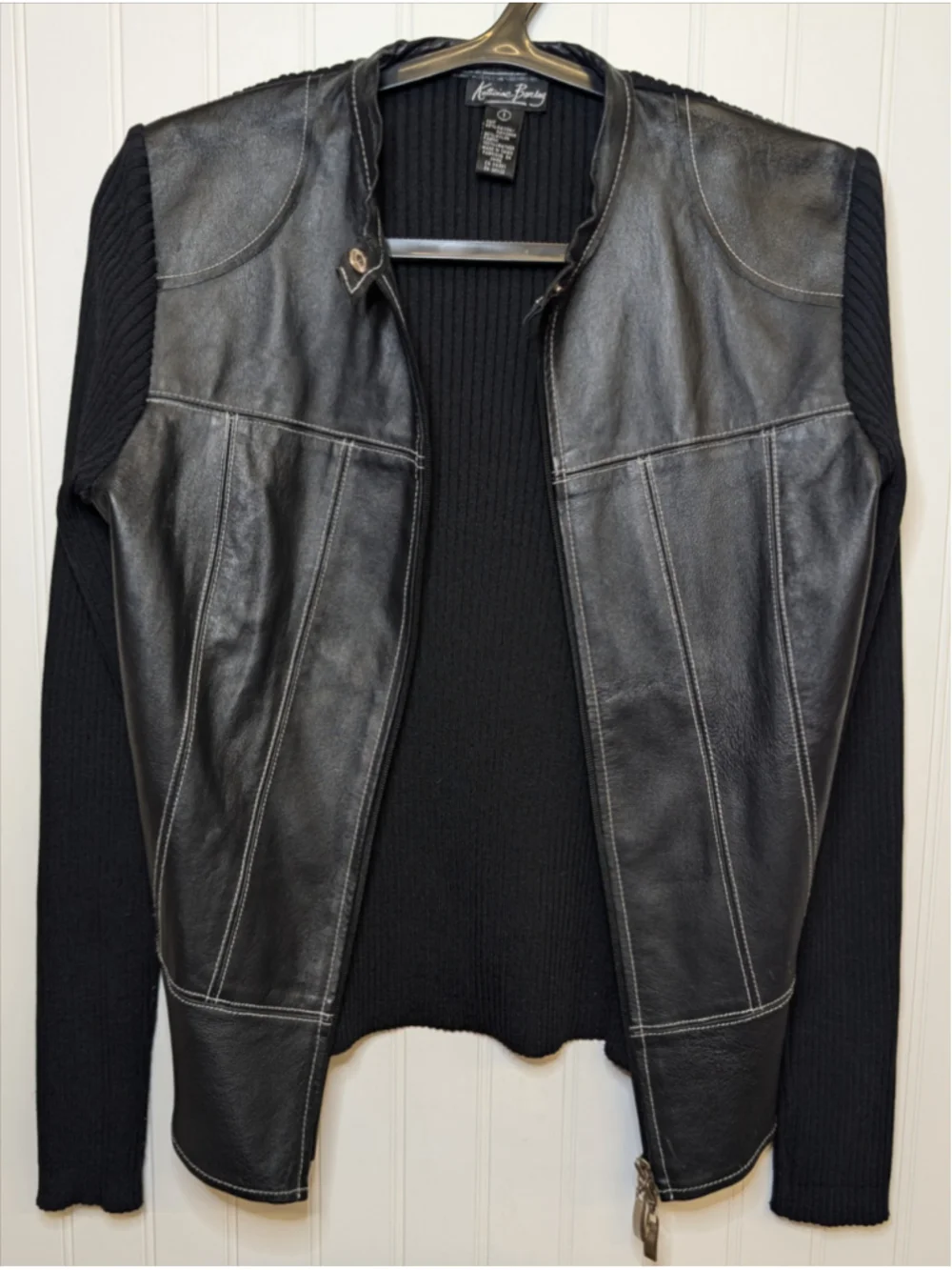 Katherine Barclay 100% Leather Ribbed Knit Mixed Media Jacket Small Black EUC